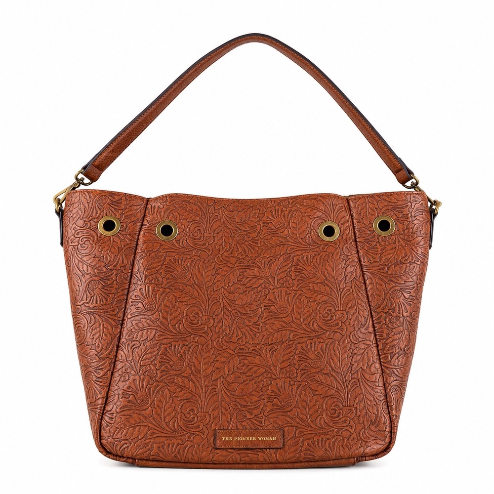 Pioneer Woman Cognac Tooled Floral Embossed Faux Leather Hobo Shoulder Bag purse